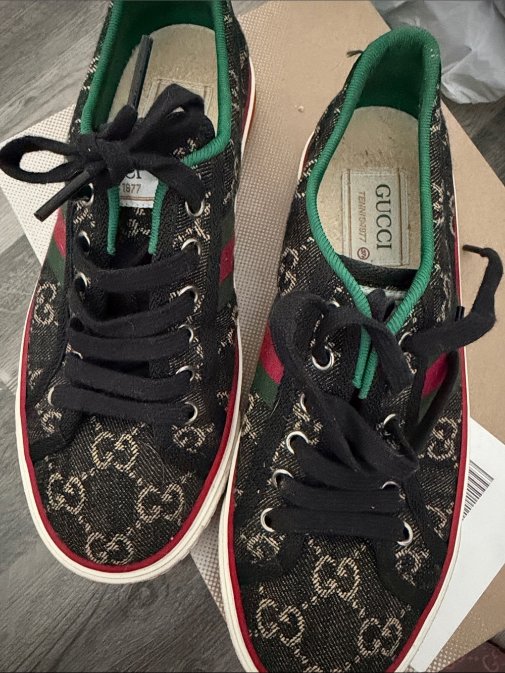 Gucci Black GG Canvas Sneakers with Red & Green Stripe